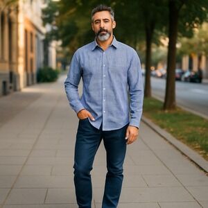 Eddie Bauer Shirt Mens Large Blue Cotton Check Wrinkle Free Relaxed Button-Down